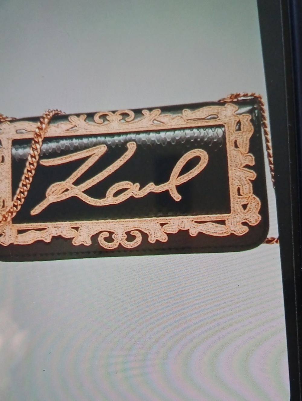 Karl Lagerfeld Black Patent Clutch with Rose Gold Script Trim